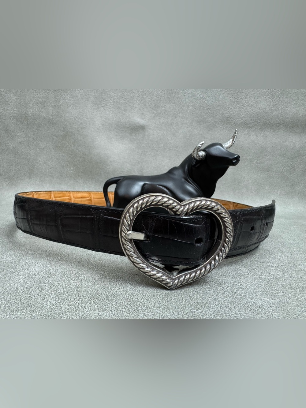Brighton Black Croc-Embossed Leather Belt with Silver Heart Buckle